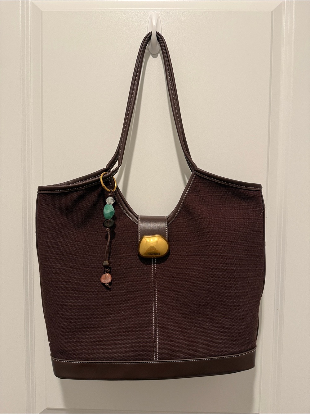 Steve Madden Dark Brown Canvas Tote with Gold Accent